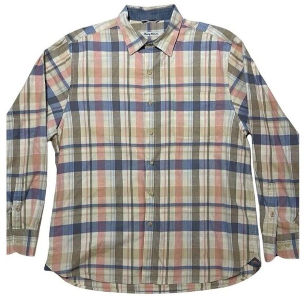 Tommy Bahama Mens Large Button Shirt Plaid‎ Casual Preppy Easter Academia Office